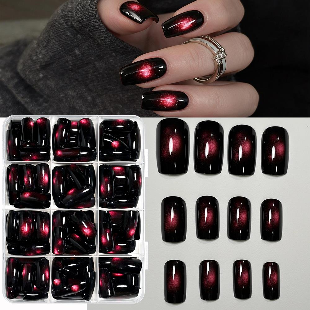 Nail Art Red - 144個入り 光沢のある赤いガラスビーズ キャットアイ フェイクネイル ショートスクエア キャッツアイ