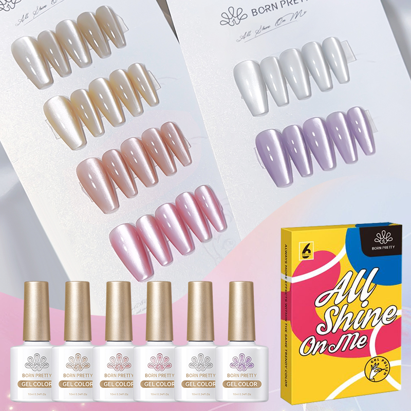 Dip Powder Nail - BORN PRETTY 6個入り ムーンライトキャット マグネティックアイジェルネイルポリッシュセット シルバーピンク