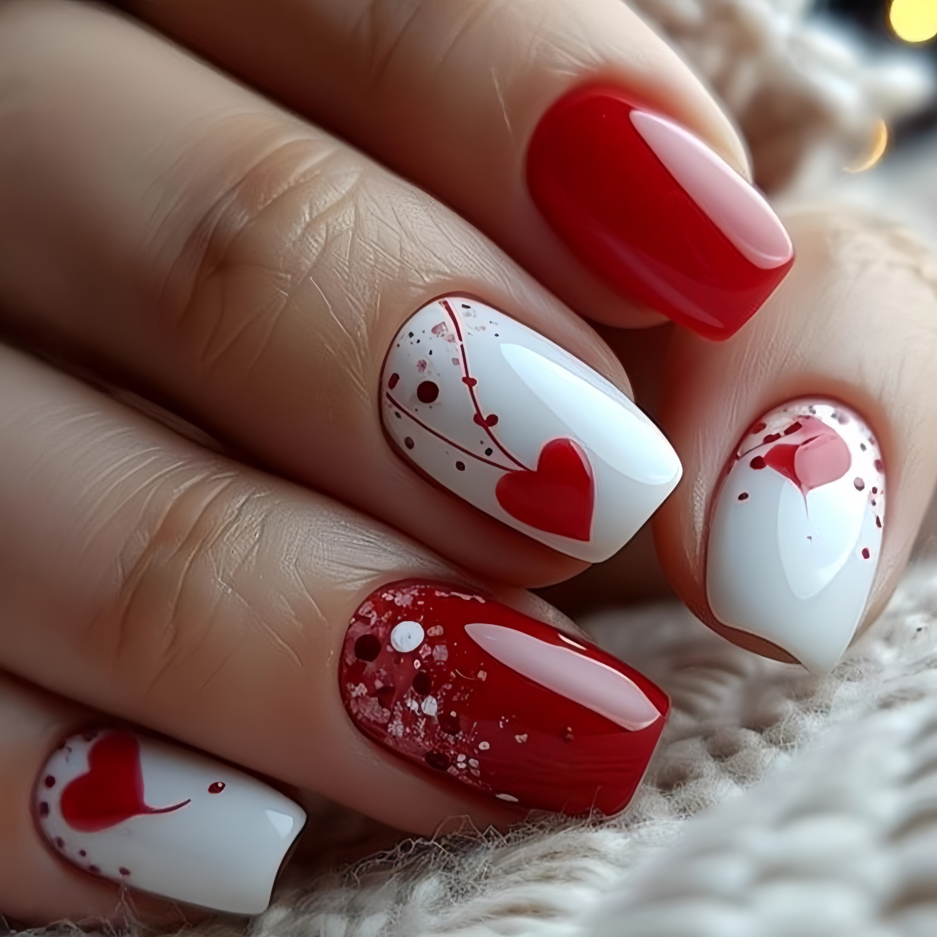 Nail Art Red - バレンタインデー用のグラデーションレッドピンクハートの女性用/女の子用ショートミディアムフェイクネイル、キラキラ輝くチップ付きプレスオンつけ爪アートセット