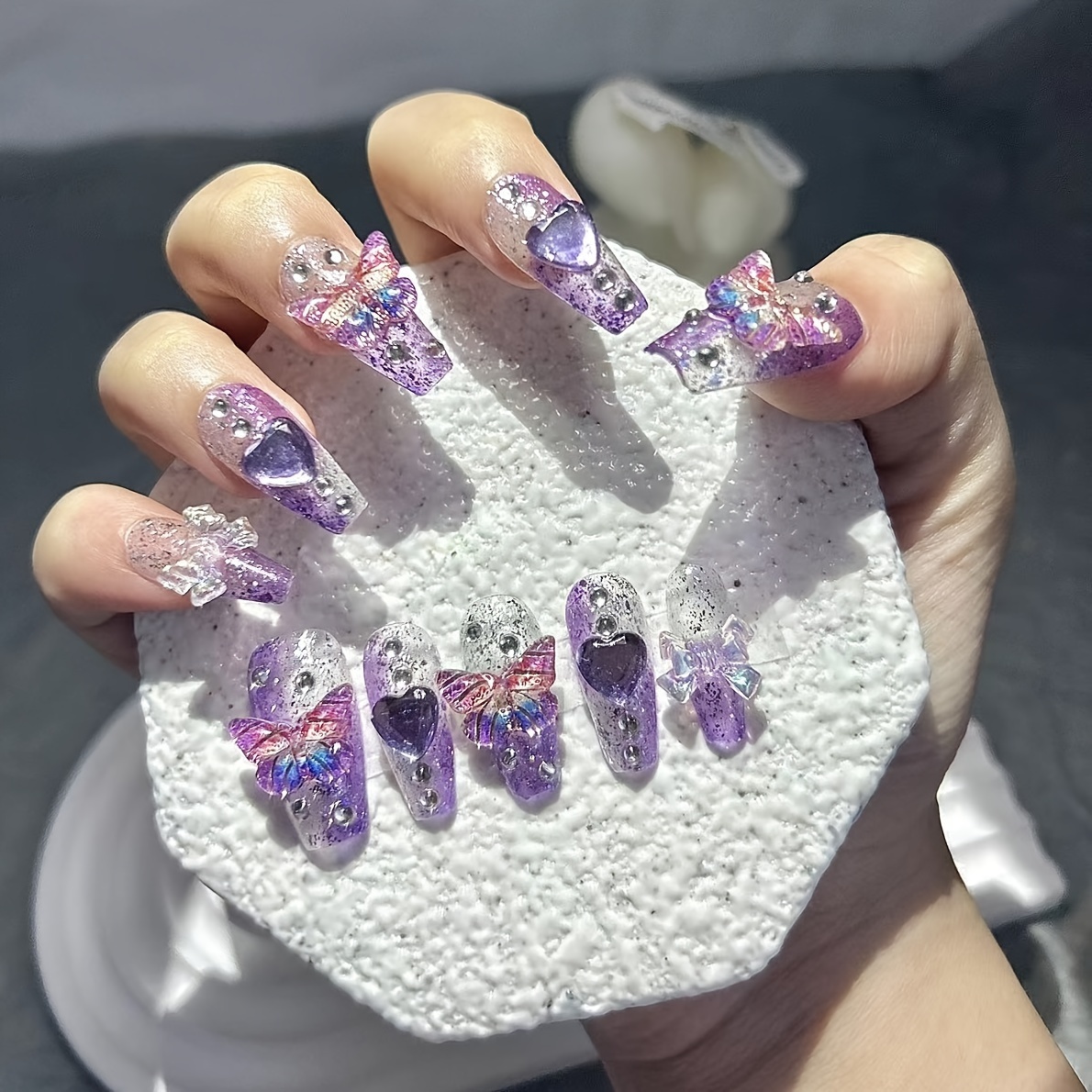 Nail Art Red - 10 個パープルファンタジー蝶偽爪ハートダイヤモンドスパークリングネイルアートパッチ Y2K スパイスガールズ手作りウェアラブル爪