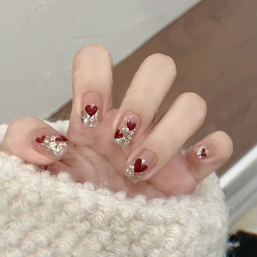24枚入り/セット ショートスクエアフェイクネイル 女性用  - Nail Art Red のレビューと価格