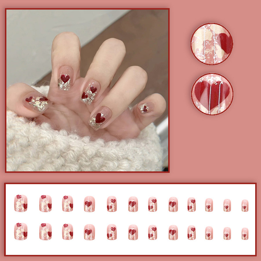 24枚入り/セット ショートスクエアフェイクネイル 女性用  - Nail Art Red のレビューと価格