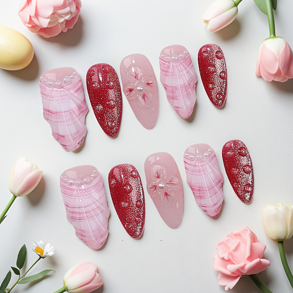 10個入りミディアムアーモンド型ハンドメイドつけ爪キット、ピ - Nail Art Red のレビューと価格
