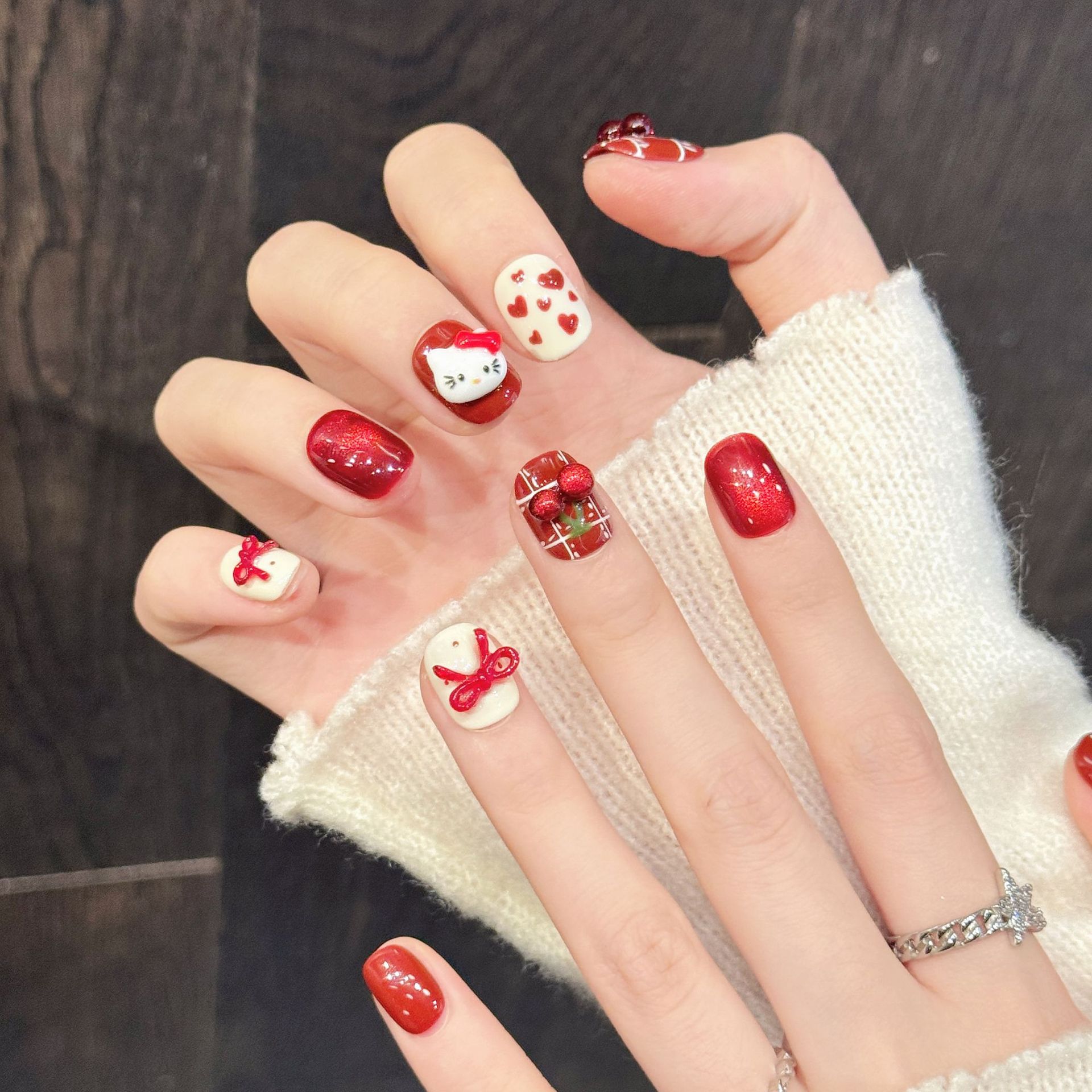 10個入り ハンドメイド ネイルアート レッドホワイト チェ - Nail Art Red のレビューと価格