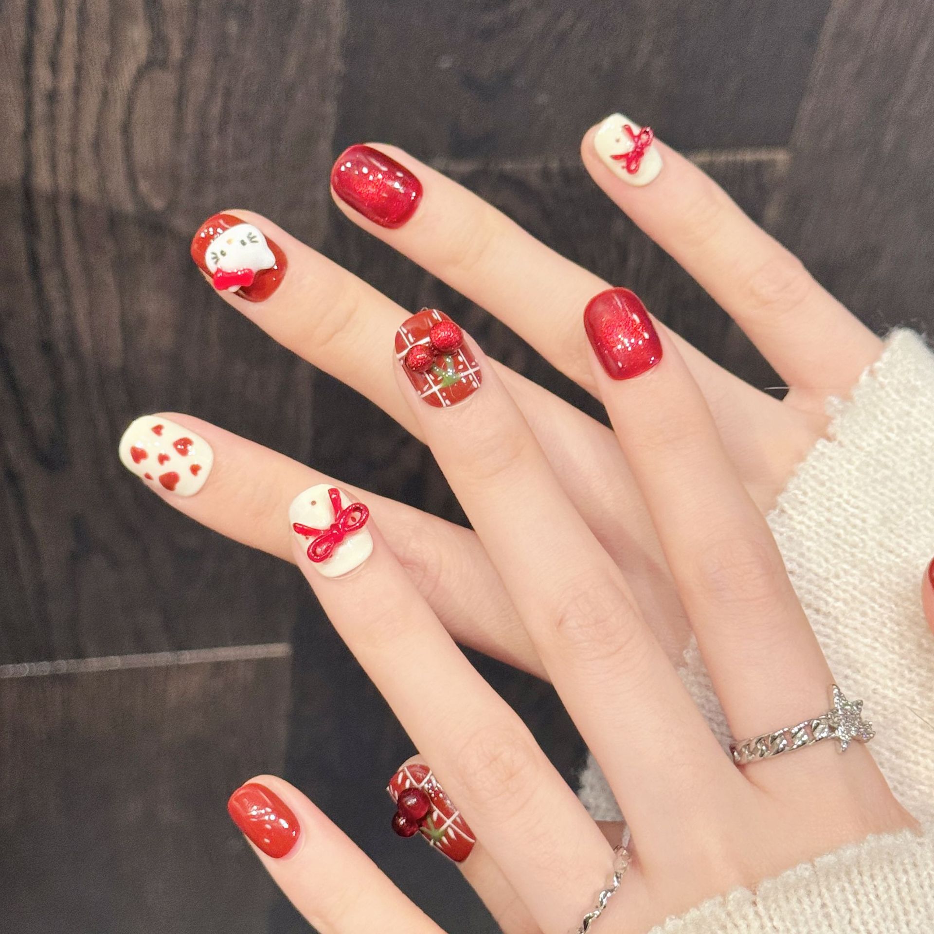 10個入り ハンドメイド ネイルアート レッドホワイト チェ - Nail Art Red のレビューと価格