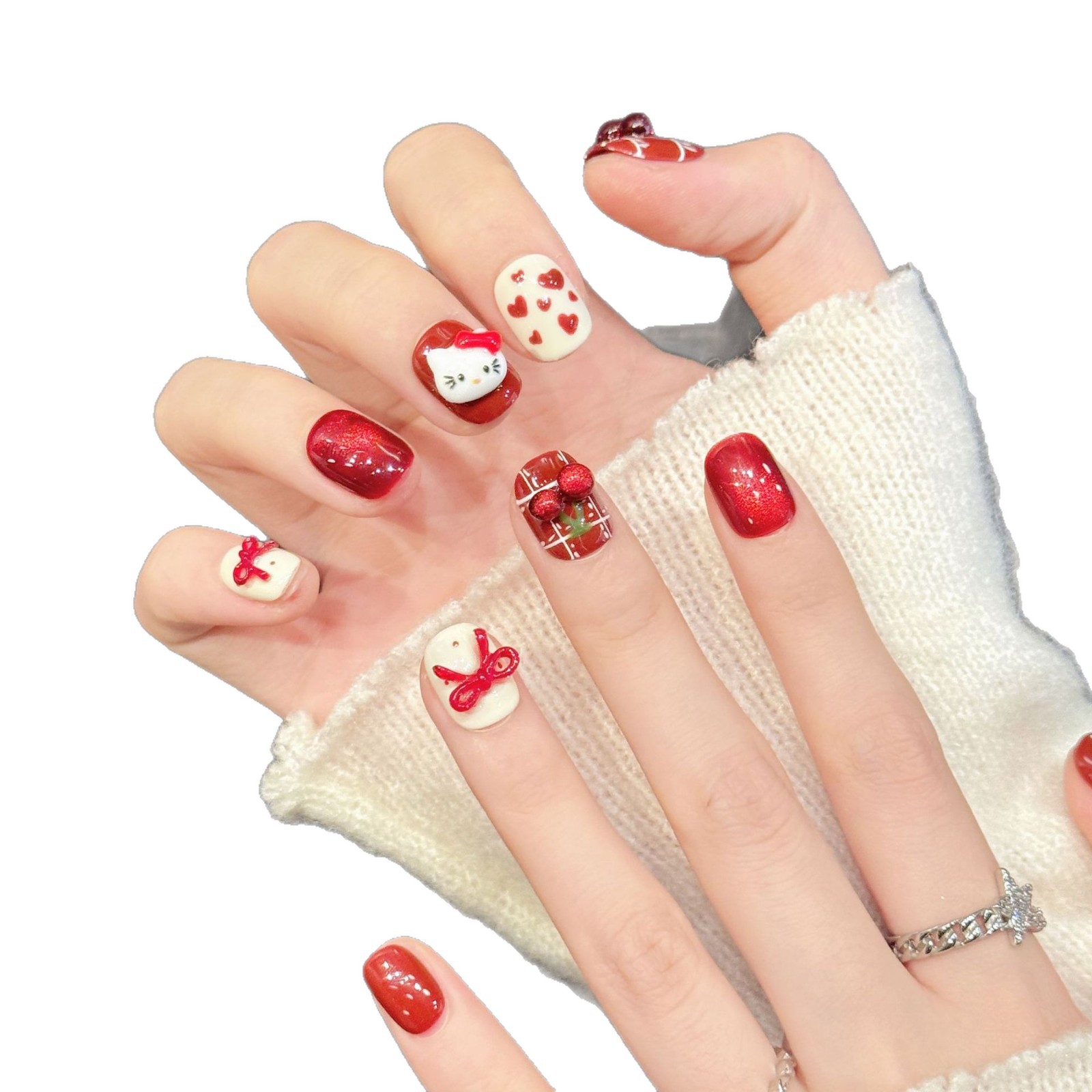 10個入り ハンドメイド ネイルアート レッドホワイト チェ - Nail Art Red のレビューと価格