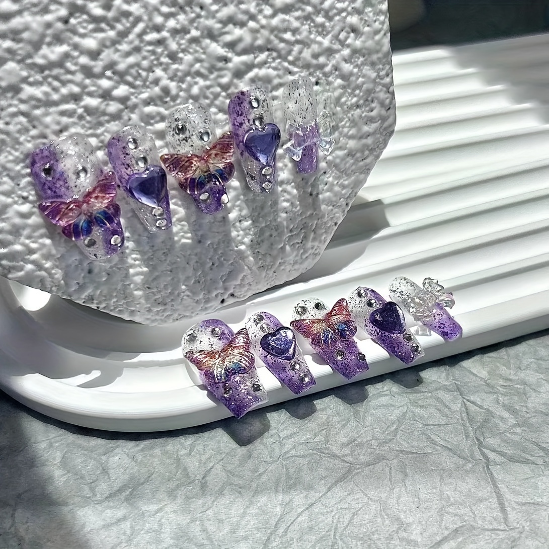10 個パープルファンタジー蝶偽爪ハートダイヤモンドスパーク - Nail Art Red のレビューと価格