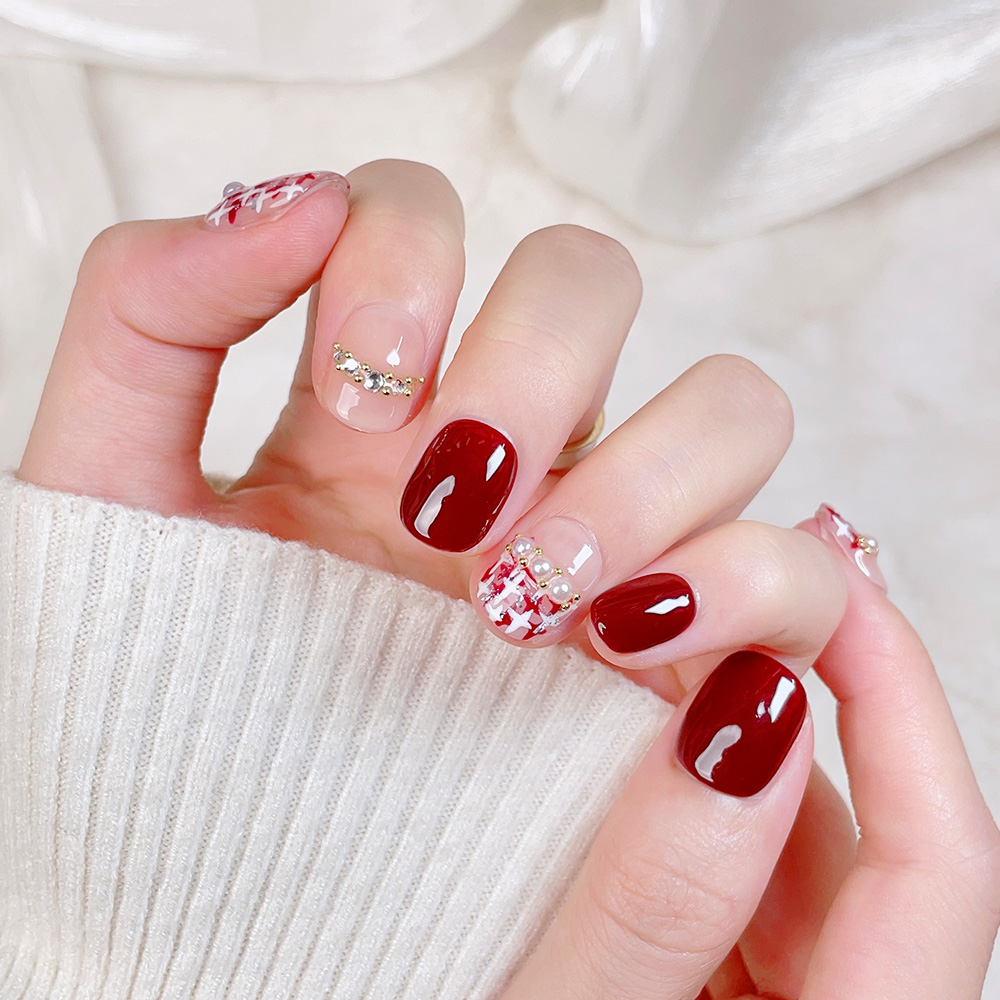 10個入りショートスクエアラウンドハンドメイドプレスオンネイ - Nail Art Red のレビューと価格