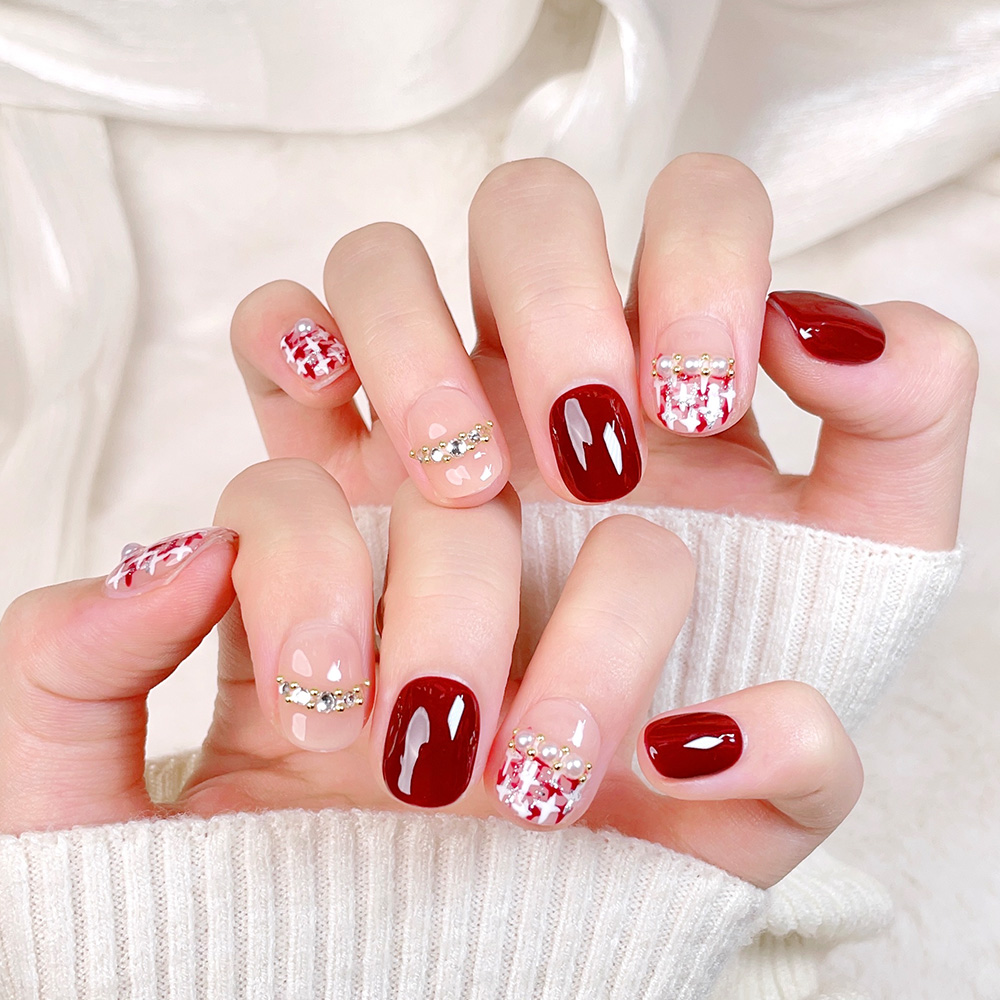 10個入りショートスクエアラウンドハンドメイドプレスオンネイ - Nail Art Red のレビューと価格